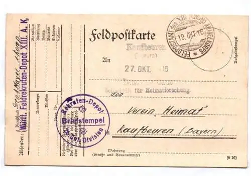 Feldpostkarte Württemberg Feldrekruten Depot XIII A K 26 Infanterie Division 1Wk