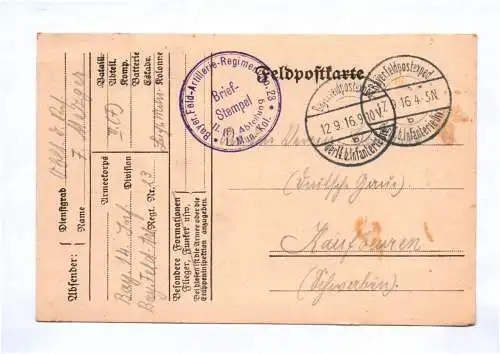 Feldpostkarte Bayer FAR No 23 Munitions Kolonne Stempel 1916 München