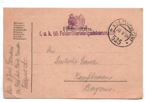 Feldpostkarte Kuk 50 Feldartillerie Brigade Kommando 1918 Stempel