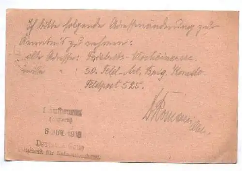 Feldpostkarte Kuk 50 Feldartillerie Brigade Kommando 1918 Stempel