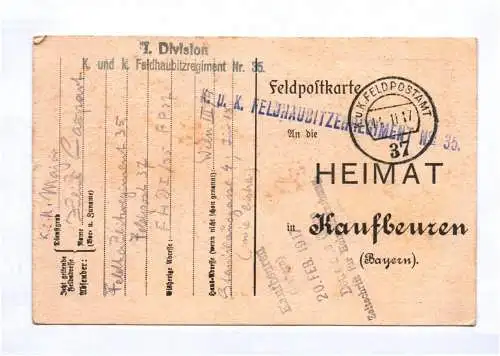 KUK Feldpostkarte Feldhaubiten Regiment No 35 Stempel nach Kaufbeuren 1917