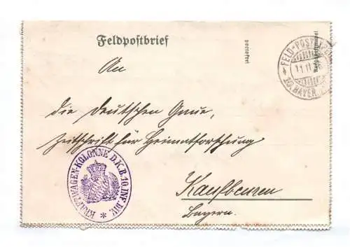 Feldpostbrief Kraftwagen Kolonne D K Bayerisches 10 Infanterie Division 1 Wk