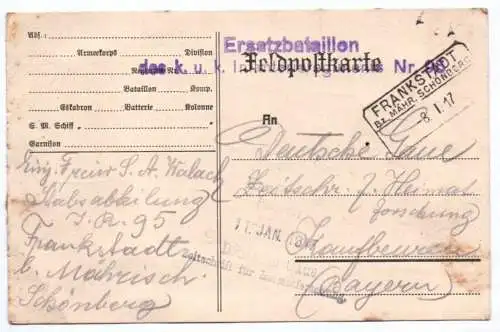 Kuk Feldpostkarte Frankstadt Bezirk Mährisch Schönberg Stempel 1917 IR 95