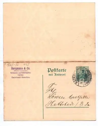 Postkarte mit Antwort 1914 Germania Zudruck Bergmann & Co Parfümerie Radebeul