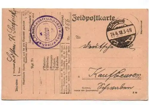 Feldpostkarte bayerischer Lichtmesstrupp 140 Stempel 1918 nach Kaufbeuren