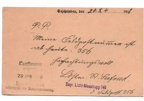 Feldpostkarte bayerischer Lichtmesstrupp 140 Stempel 1918 nach Kaufbeuren