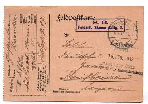 Feldpostkarte Feldartillerie Stamm Abteilung 2 Stempel 1917