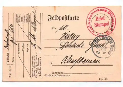 Feldpostkarte mit Stempel Bezirkskommando Dillingen 1917