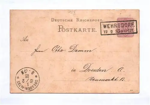 Ganzsache Deutsche Reichspost Postkarte Wehrsdorf Zweizeiler 1885 Top Abschlag