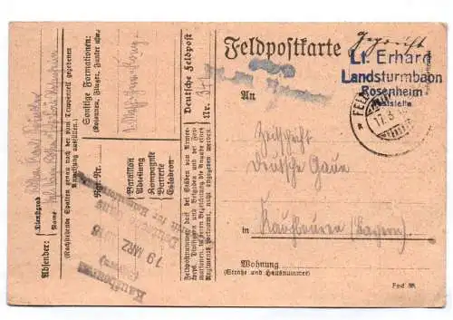 Feldpostkarte Landsturmbaon Rosenheim Poststelle Stempel 1 Wk