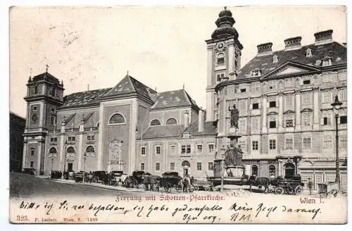 Litho Ak Wien I Freyung mit Schotten Pfarrkirche Kutschen 1908