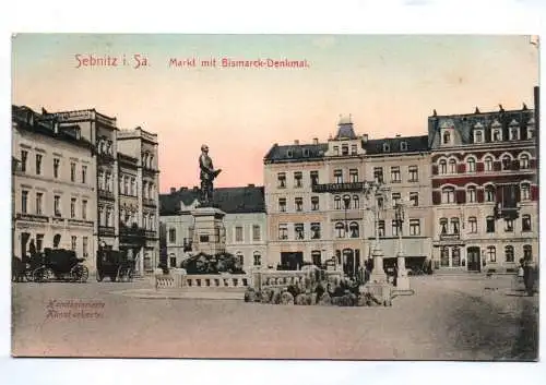 Litho Ak Sebnitz Markt mit Bismarck Denkmal um 1910 handkoloriert