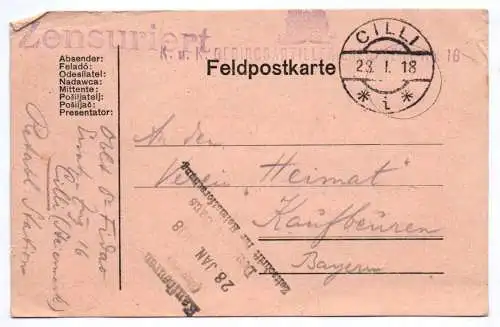 Feldpost Karte Cilli 1918 Zensur Kuk Gebirgsartillerie Regiment 16  nach Bayern