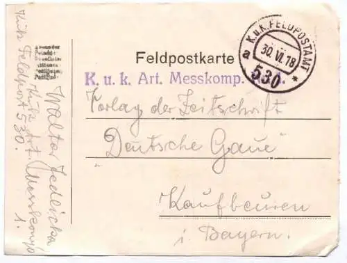 Kuk Feldpost Karte Stempel k.u.k. Artillerie Mess Kompagnie Nr 1  1918