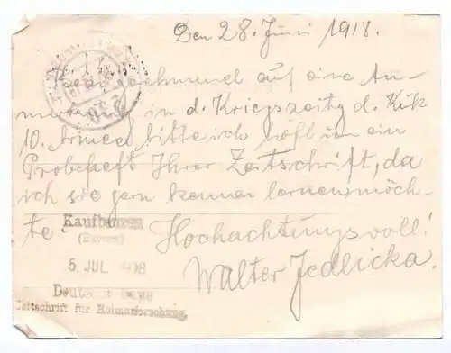 Kuk Feldpost Karte Stempel k.u.k. Artillerie Mess Kompagnie Nr 1  1918