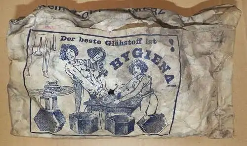 Alte Bügeleisen Kohle Glühstoff Hygiena OVP für Kohlenbügeleisen 1910 er Reklame