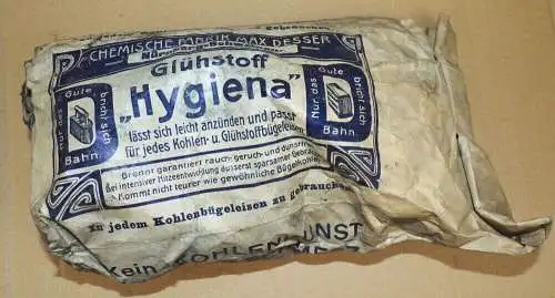 Alte Bügeleisen Kohle Glühstoff Hygiena OVP für Kohlenbügeleisen 1910 er Reklame