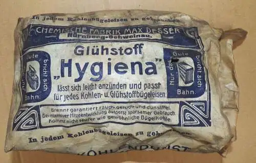 Alte Bügeleisen Kohle Glühstoff Hygiena OVP für Kohlenbügeleisen 1910 er Reklame