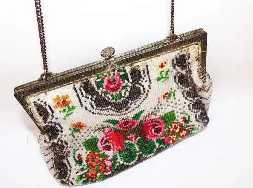 Alte Handtasche Strassperlen Abendtasche Rosen Vintage 1910 er  