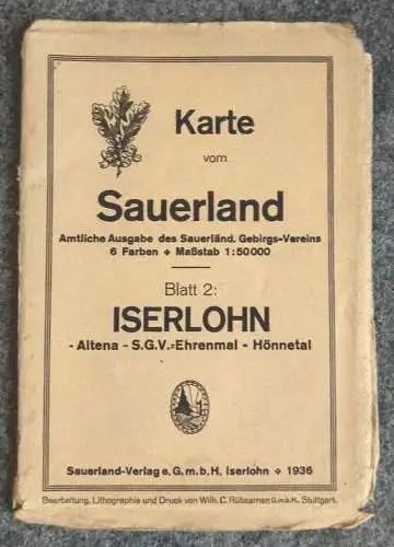 Karte vom Sauerland 1:50000 Blatt 2 Iserlohn 1936 alte Landkarte