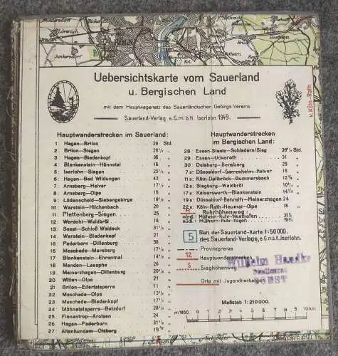 Alte Landkarte Sauerland 1:210000 Übersichtskarte 1949 Leinenlandkarte