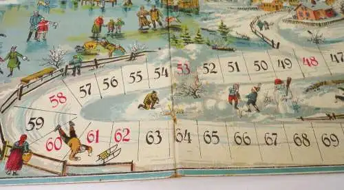 Altes Schlittenfahrt Brettspiel Spielplan mit Zinnfiguren um 1910