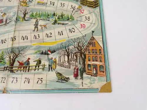 Altes Schlittenfahrt Brettspiel Spielplan mit Zinnfiguren um 1910