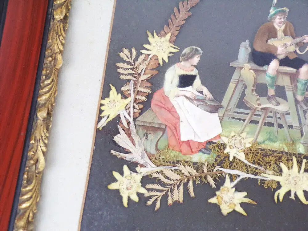 Alte Collage Oblaten getrocknete Blumen um 1900 Grünberg Schlesien Bilderrahmen 1