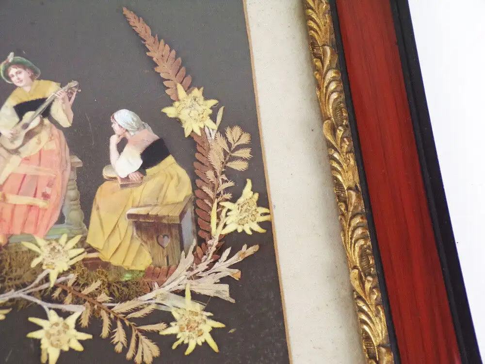 Alte Collage Oblaten getrocknete Blumen um 1900 Grünberg Schlesien Bilderrahmen 6