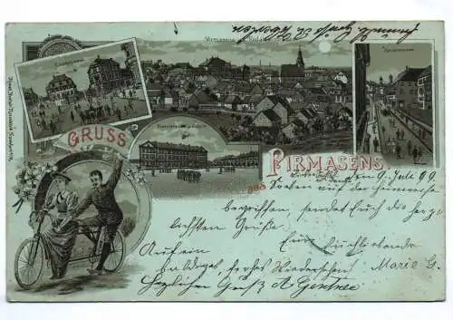 Litho Ak Gruss aus Pirmasens 1899 Mondschein Radfahrer