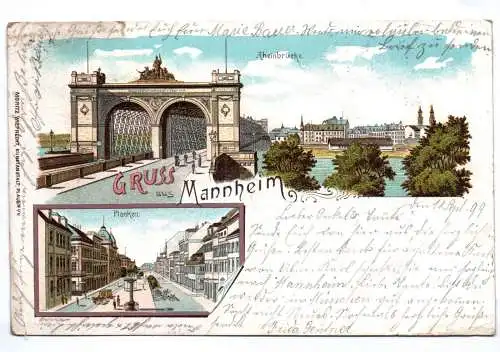 Litho Ak Gruss aus Mannheim Planken Rheinbrücke 1899
