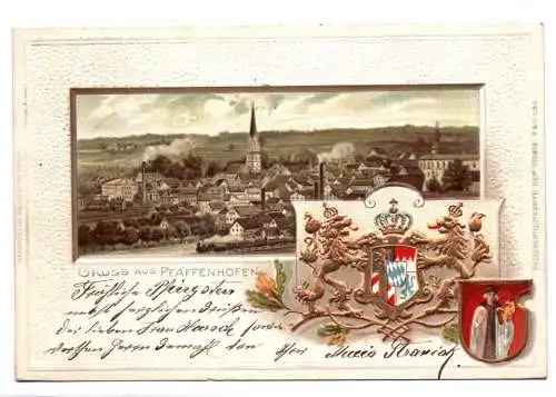 Litho Ak Gruss aus Pfaffenhofen Bayern Wappen geprägt um 1900