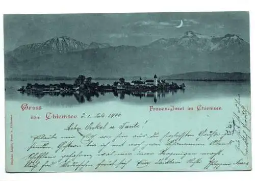 Litho Ak Gruss vom Chiemsee Frauen Insel im Chiemsee 1900 Mondschein