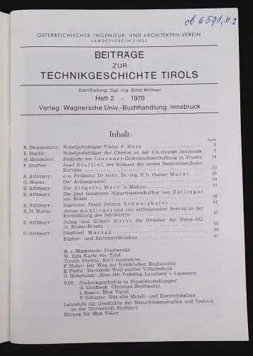 Beiträge zur Technikgeschichte Tirols Heft 1 und 2 Innsbruck 1970