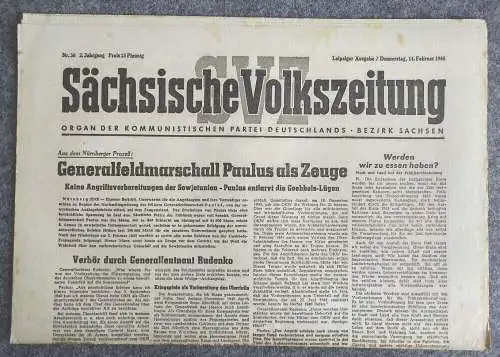 Sächsische Volkszeitung Generalfeldmarschall Paulus als Zeuge 1946 KPD Nr 36