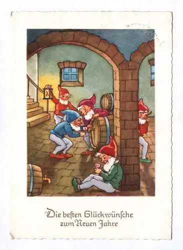 Künstler Ak Die besten Glückwünsche zum neuen Jahre 1957 Zwerge trinken Wein