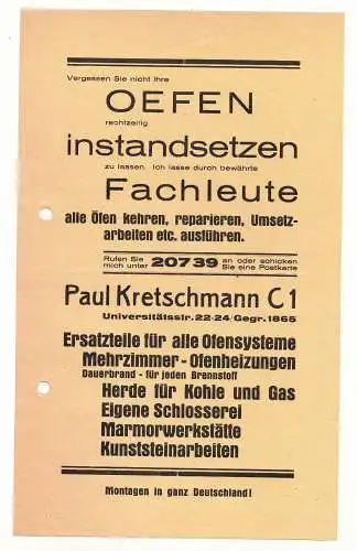 Werbe Prospekt Mehrzimmerheizung Ofen Paul Kretschmann Leipzig um 1935  (D7