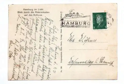 Ak Hamburg im Licht Blick durch die Alsterarkaden auf das Rathaus 1929