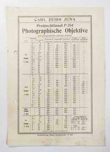 Carl Zeiss Jena Photographische Objekte alte Preisliste