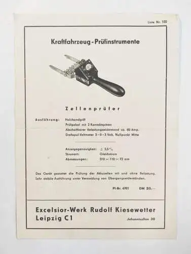 Kraftfahrzeug Prüfinstrumente Werbeblatt Excelsior Werk Leipzig