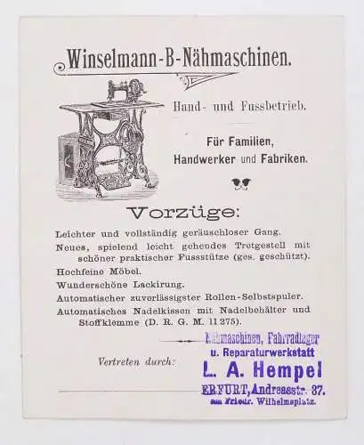 Sammelbild Winselmann B Nähmaschinen Hempel Erfurt um 1900 trading card