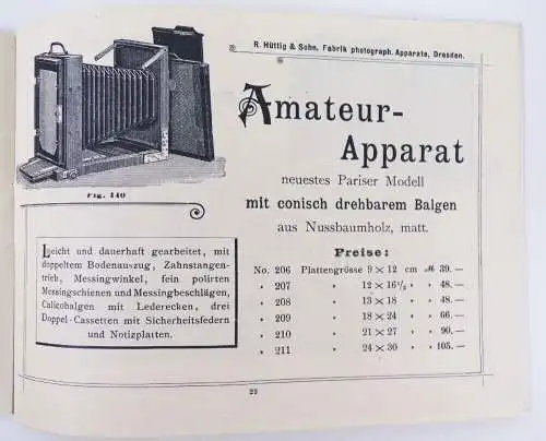 Alter Katalog Hüttig und Sohn Dresden 1896 Kameras