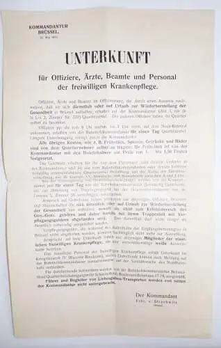 Dokument Unterkunft Offiziere Ärzte Beamte Brüssel 1915 Freiherr von Strachwitz