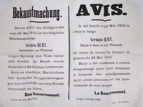 Bekanntmachung Lüttich Liege wegen Spionage zum Tod verurteilt Todesurteil 1915