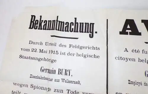 Bekanntmachung Lüttich Liege wegen Spionage zum Tod verurteilt Todesurteil 1915