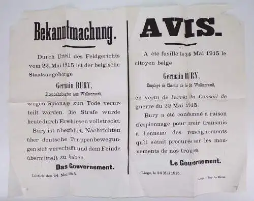 Bekanntmachung Lüttich Liege wegen Spionage zum Tod verurteilt Todesurteil 1915