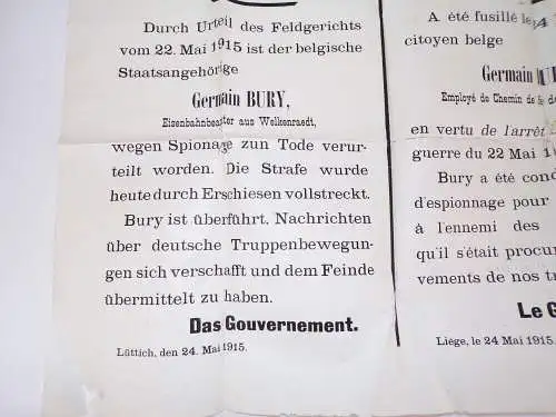 Bekanntmachung Lüttich Liege wegen Spionage zum Tod verurteilt Todesurteil 1915