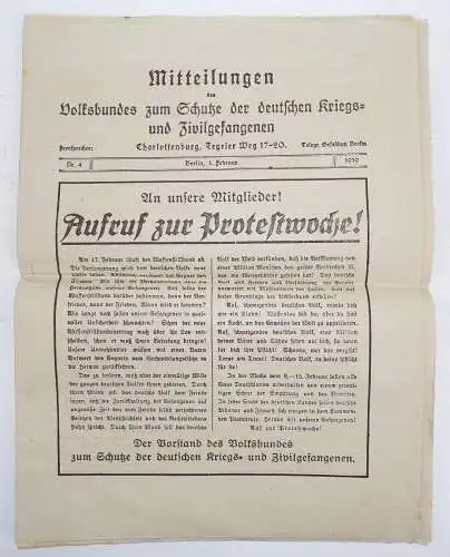 Aufruf Protestwoche 1919 Volksbund Schutz Kriegsgefangene Zivilgefangene