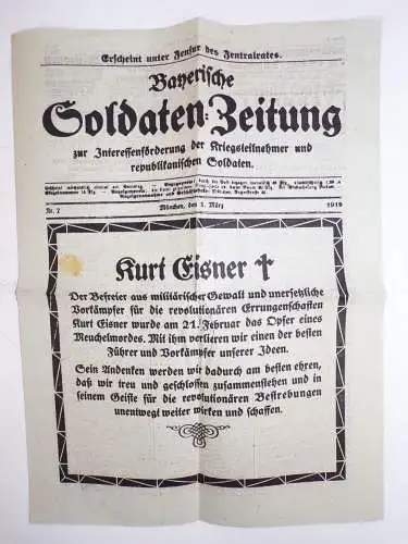 Bayerische Soldaten Zeitung Tod Kurt Eisner Mord 1919 Nr 7