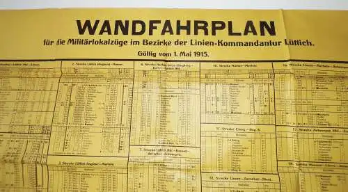 Wand Fahrplan Militärlokalzüge Linien Kommandantur Lüttich 1915 Eisenbahn